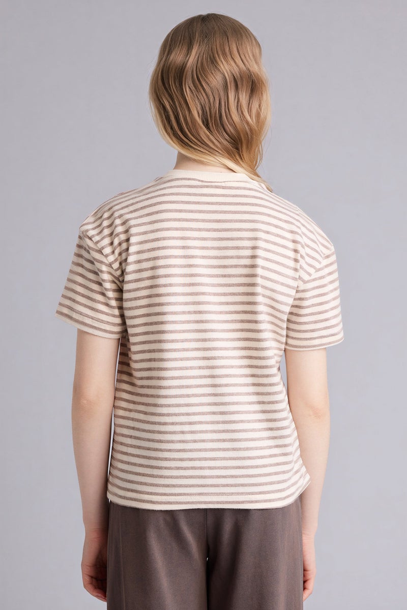 DeFacto Beige Girl Girl Relax Fit Crew Neck Striped School T-Shirt Casual - Image 4